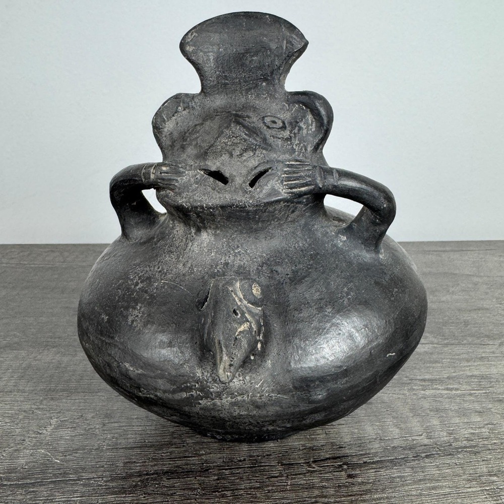 Antique Pre-Columbian Chimu Blackware Pottery Vessel Anthropomorphic Bird Spout